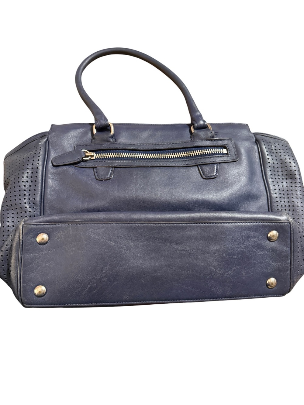 PROJECT BAG! COACH Navy Leather Perforated Tote with Yellow Tassel Charm - Picture 2 of 14